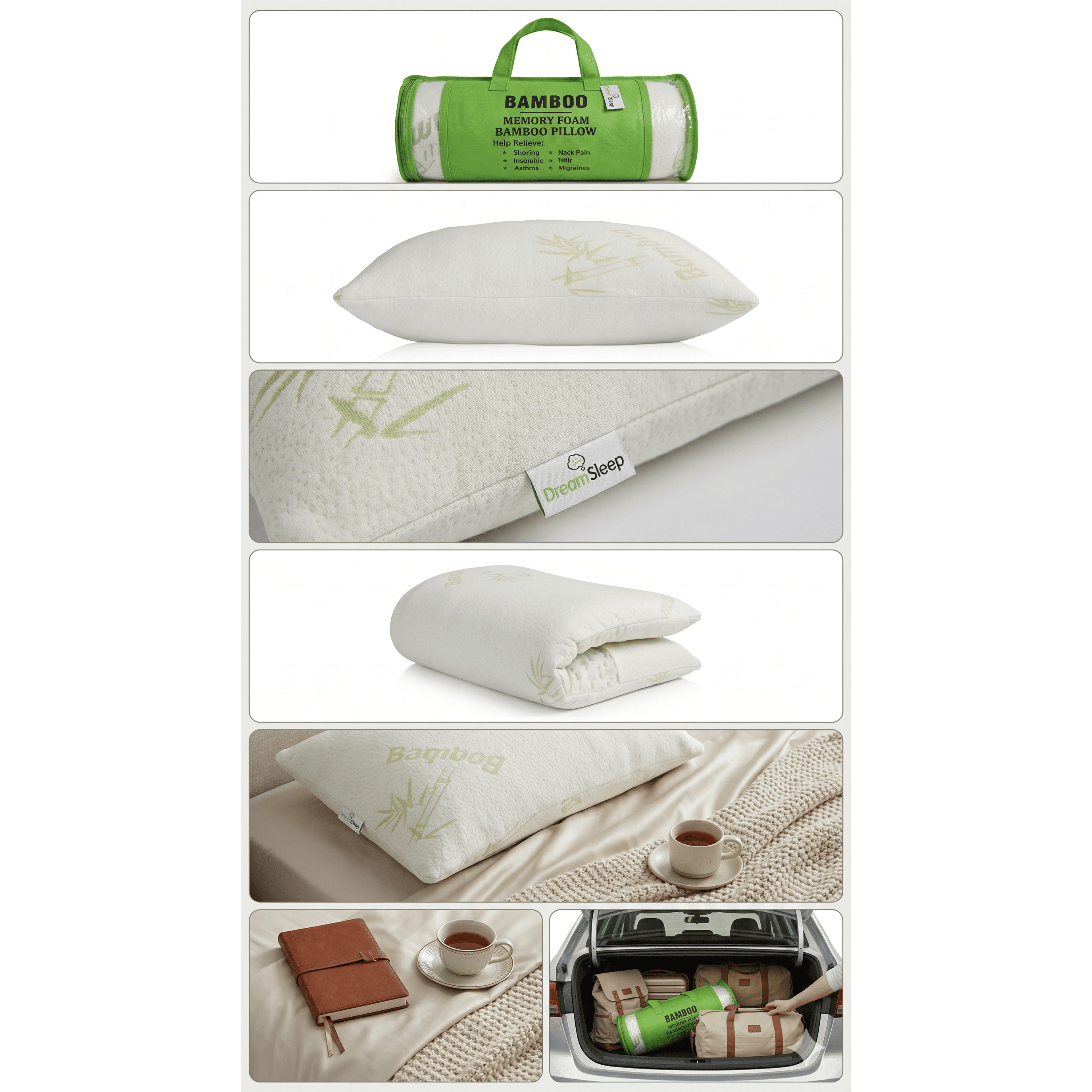 Queen Shredded Memory Foam Bamboo Pillow – Hypoallergenic Support