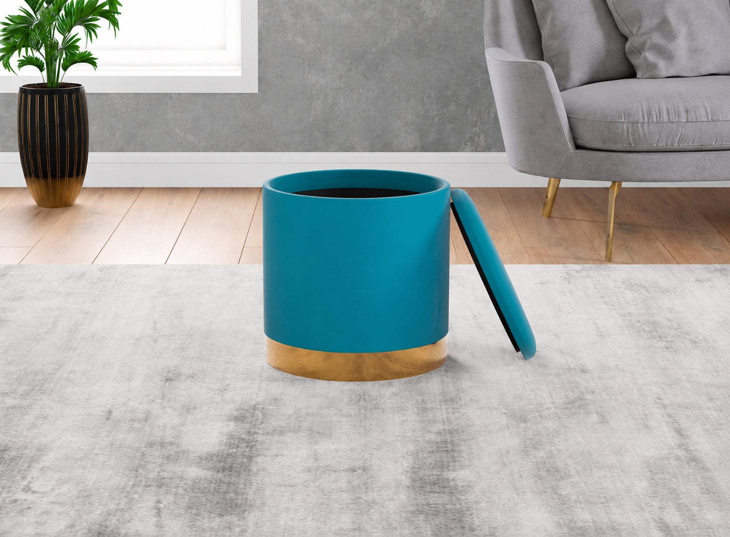 Modern Round Velvet Storage Ottoman Stool with Gold Metal Base – Teal Blue Accent Footstool for Living Room, Bedroom & Vanity