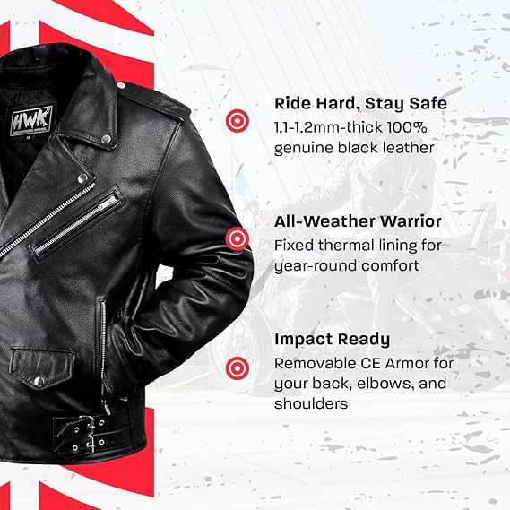 HWK Brando Men's Genuine Leather Motorcycle Jacket – Black Small