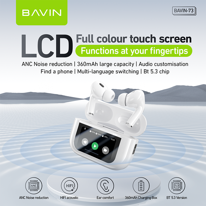 BAVIN HB-BA-73 ANC Wireless Bluetooth 5.3 Earbuds with Touch Display