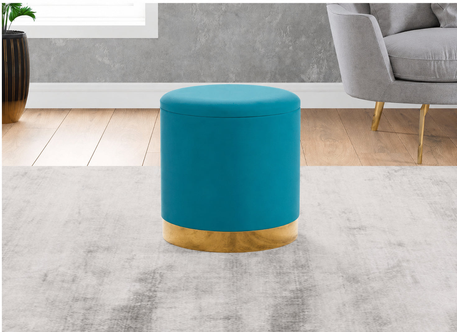 Modern Round Velvet Storage Ottoman Stool with Gold Metal Base – Teal Blue Accent Footstool for Living Room, Bedroom & Vanity