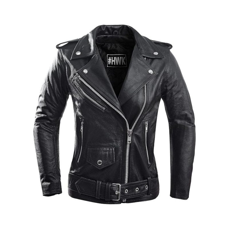HWK Brando Women's Genuine Leather Motorcycle Jacket, Black