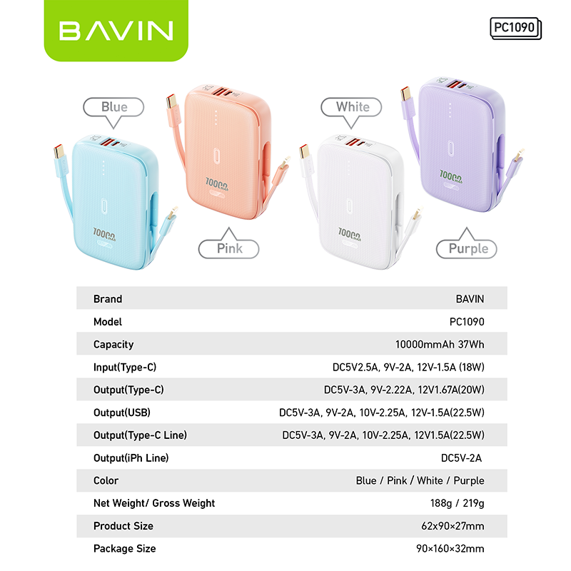BAVIN PC1090 10000mAh Mini Power Bank with Bidirectional Charging Cable