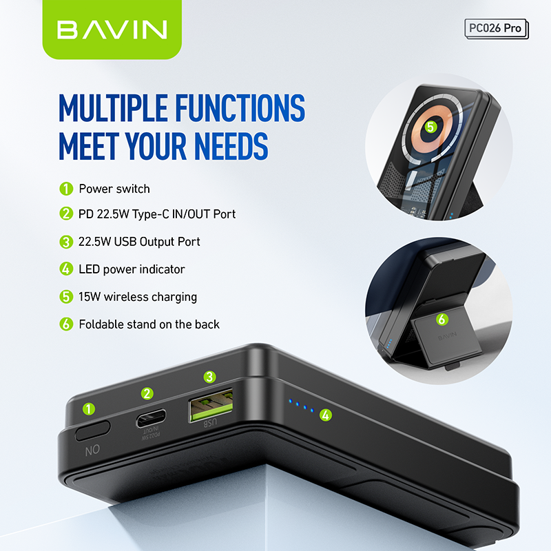 BAVIN PC026 Pro 10000mAh 15W Magnetic Wireless Power Bank