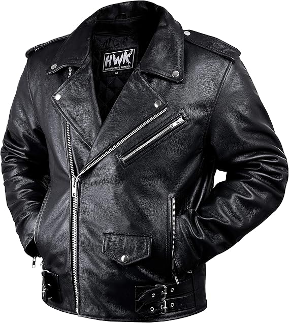 HWK Brando Men's Genuine Leather Motorcycle Jacket – Black Small