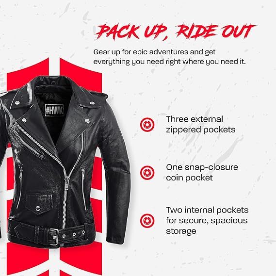 HWK Brando Women's Genuine Leather Motorcycle Jacket, Black