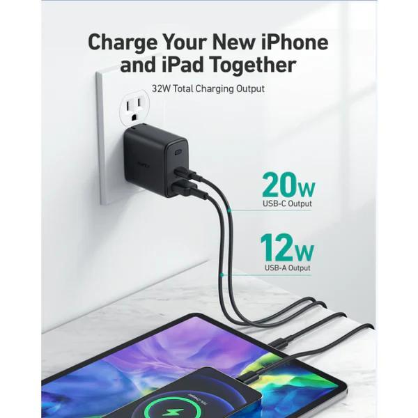 AUKEY 32W Dual-Port PD Wall Charger with USB-C & USB-A Fast Charging