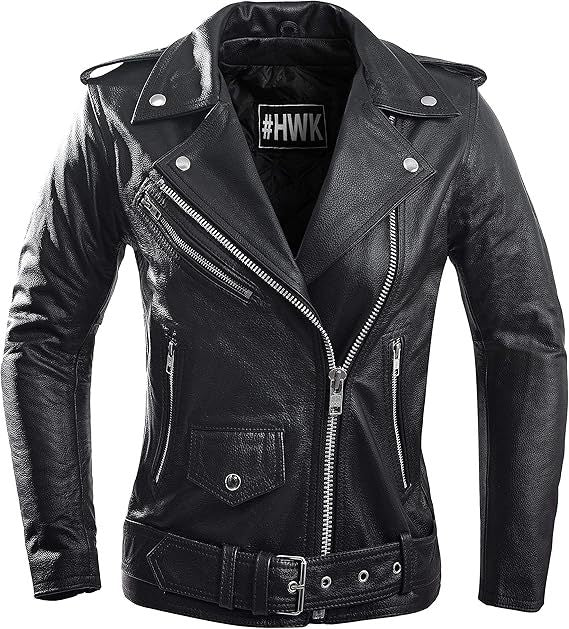 HWK Brando Women's Genuine Leather Motorcycle Jacket, Black