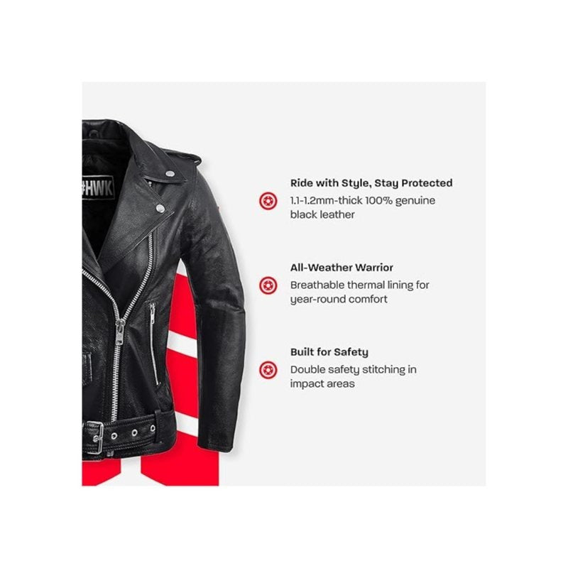 HWK Brando Women's Genuine Leather Motorcycle Jacket, Black