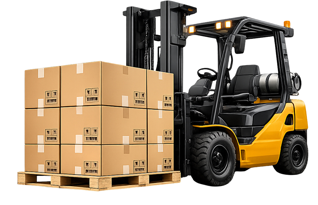 Forklift carrying palletized inventory